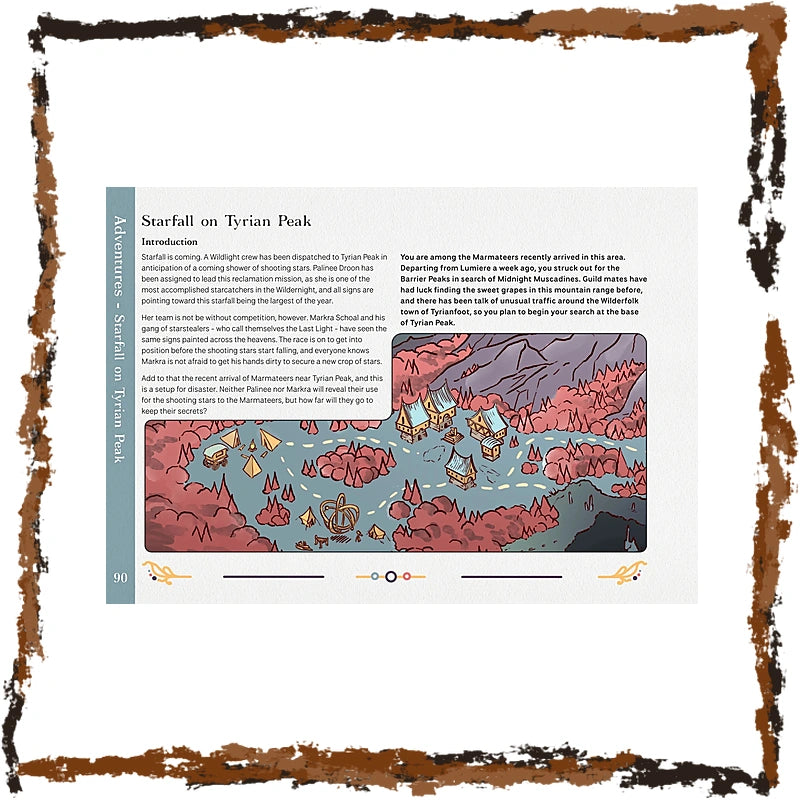 A printed page from a guidebook or comic book titled 'Adventures - Starfall on Tyrian Peak,' showing a landscape illustration of a mountain scene with characters and a small inset map. The page is centered on a white background with a decorative dark border around the edges.