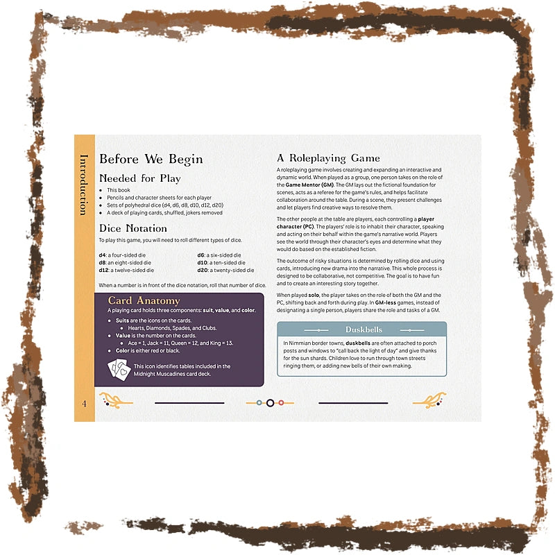 A printed game instruction sheet titled 'Before We Begin' with sections for 'Introduction', 'A Roleplaying Game', 'Dice Rotation', 'Character Anatomy', and 'Handouts', shown against a white background with a rustic brown border.