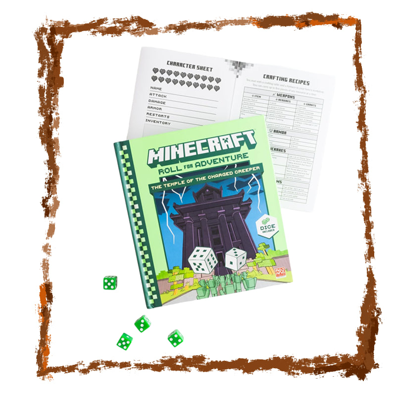 Minecraft-themed game book with dice and character sheet on a white background