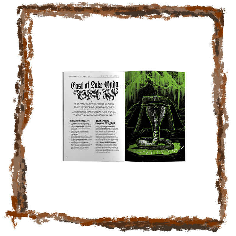 Magazine or book page with text and illustration of a snake in a forest setting, framed with a brown border.