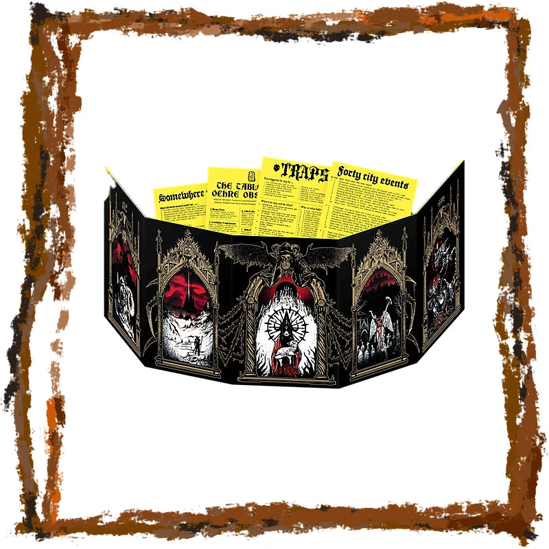 A black GM screen with gothic illustrations and several bright yellow flyer sheets fanned out from the top, shown on a white background with a distressed brown border.