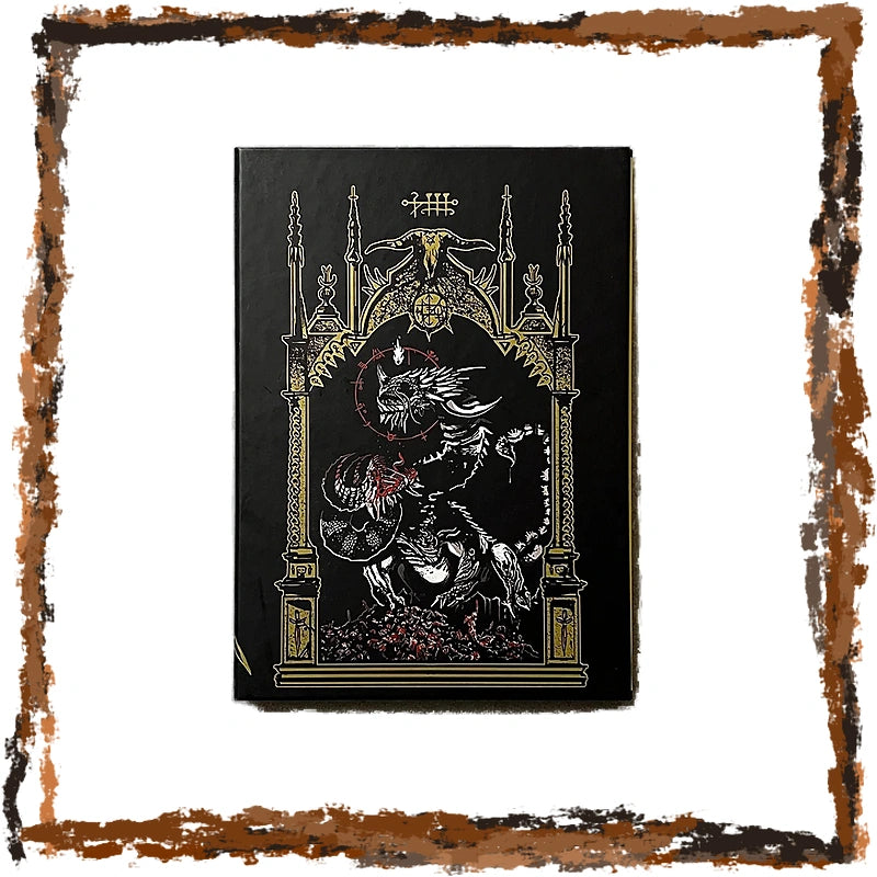 A black GM Screen cover featuring a detailed gothic illustration of a dragon and knight in gold, silver, and red accents, set against a white background with a distressed brown border.