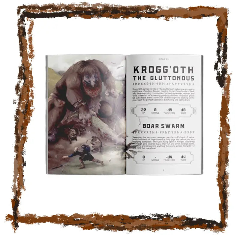 Open book with fantasy creature illustration and text on a white background