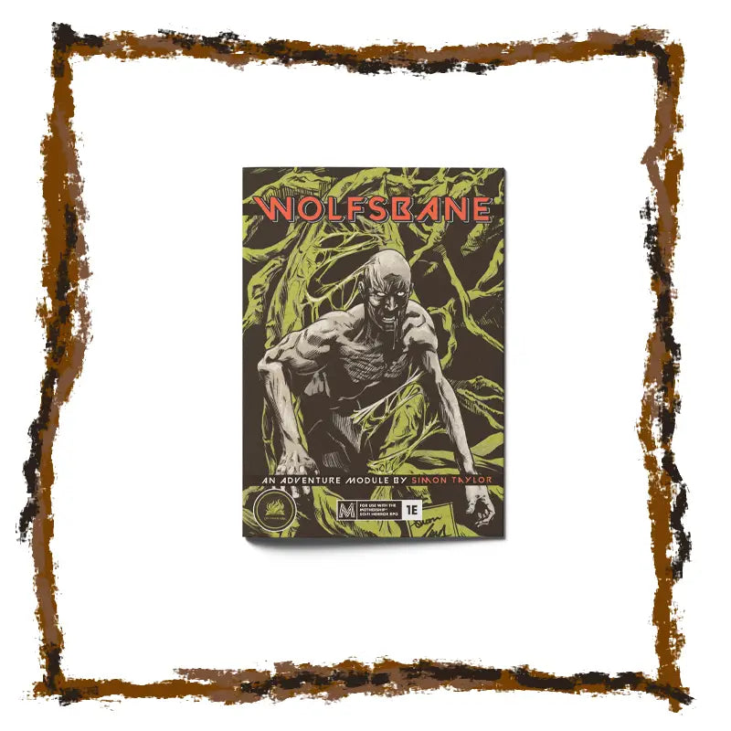 Book titled 'Wolfsbane' with a dark cover featuring a skeleton and green foliage, framed by a brown border.