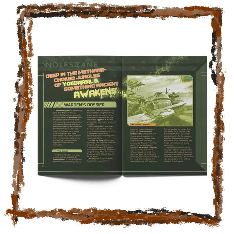 The inside pages of Wolfsbane - a Mothership module