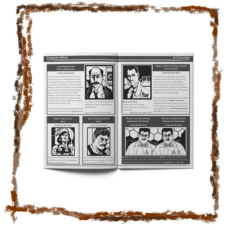 Open book showing pages with black and white illustrations and text on a white background.