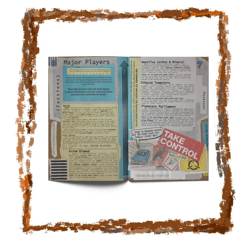 Vintage-style image of a book or magazine with text and graphics, framed with a brown border.