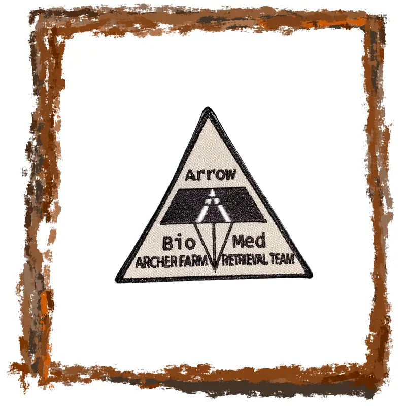 Triangle-shaped patch with text and logo on a white background