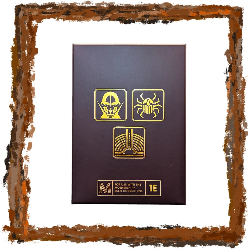 A dark brown rectangular product box with gold icons and text, centered on a white background with a rustic brown distressed border around the edges. The box features three gold symbols and a size label reading '1E'.