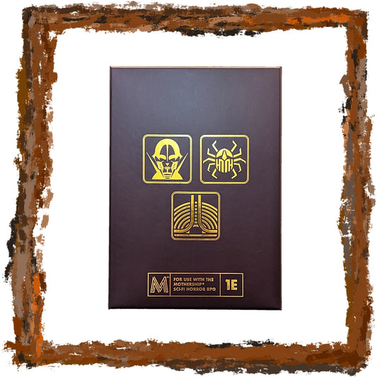 A dark brown rectangular product box with gold icons and text, centered on a white background with a rustic brown distressed border around the edges. The box features three gold symbols and a size label reading '1E'.