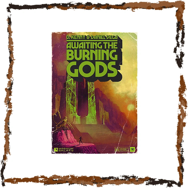 A vintage-style illustrated book or comic cover titled "Awaiting the Burning Gods" by Daemont & Daniel Decca, shown centered on a white background with a distressed brown border around the edges.