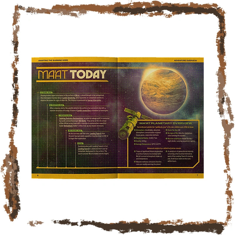 An open printed booklet or magazine spread titled "MA'AT TODAY" with space-themed cover art, including a large planet and a telescope illustration, photographed against a white background with a distressed brown border around the edges.