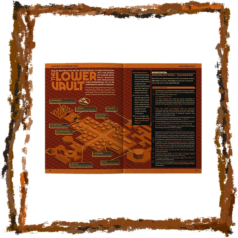An open booklet or guide spread titled "The Lower Vault" with illustrated maps, labels, and informational text panels on a white background, surrounded by a distressed rust-colored border.