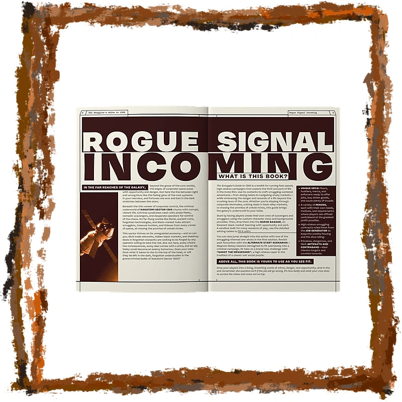 An open book spread titled 'ROGUE SIGNALING' with two columns of text and a small inset photo, centered on a white background with a distressed brown rust-style border around the edges.