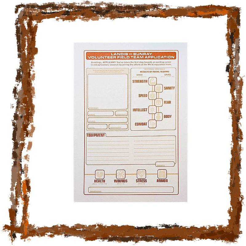 A Landb - Sunray Volunteer Pilot Team Application form sheet, featuring a white background with orange and black printed text and boxes for personal details, displayed on a white background with a rustic brown textured border.