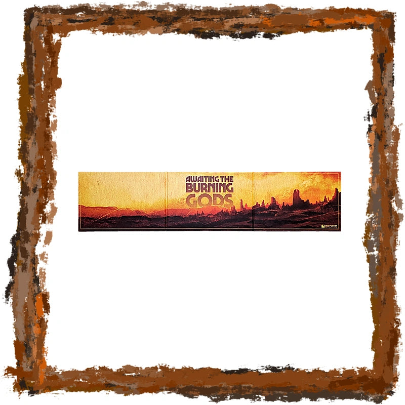 A horizontal multi-panel canvas print featuring a desert landscape with the text 'SLAUGHTERING THE BURNING GODS' in a distressed orange and brown style. The print is centered on a white background, framed by a rustic, distressed brown border.