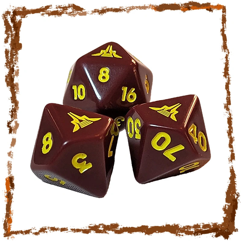 Three dark red polyhedral tabletop gaming dice with yellow printed numbers and symbols, arranged on a white background with a distressed brown border.