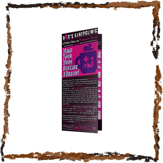 A book or booklet titled "D0C's Cyberclinic" with a dark purple and bright pink cover, shown upright against a white background with a distressed brown border.