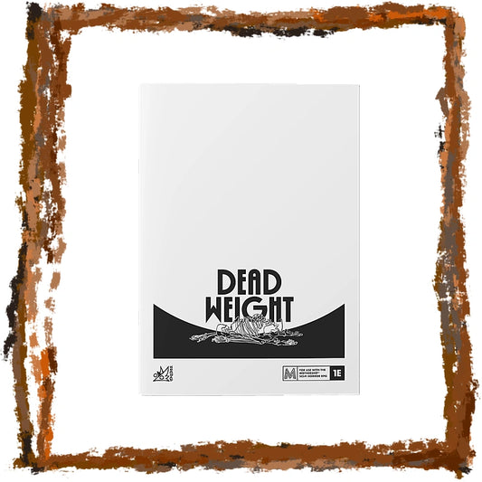 A minimalist poster or print featuring the text 'DEAD WEIGHT' in black above a black graphic shape with white sketch-like line art, centered on a white background with a distressed rust-colored border around the edges.