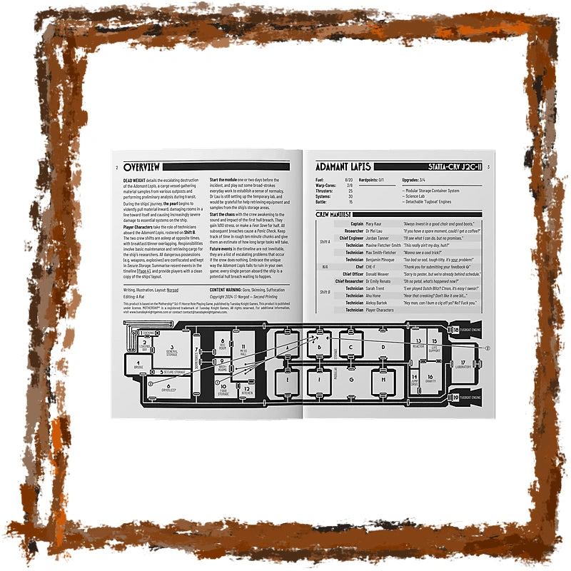 An open printed manual or booklet spread showing technical text and a black-and-white floor plan labeled with elevators, photographed against a white background with a rusted-brown textured border around the edges.