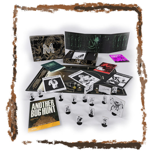 Collection of board game components including cards, figures, and a book titled 'Another Bug Hunt' on a white background.