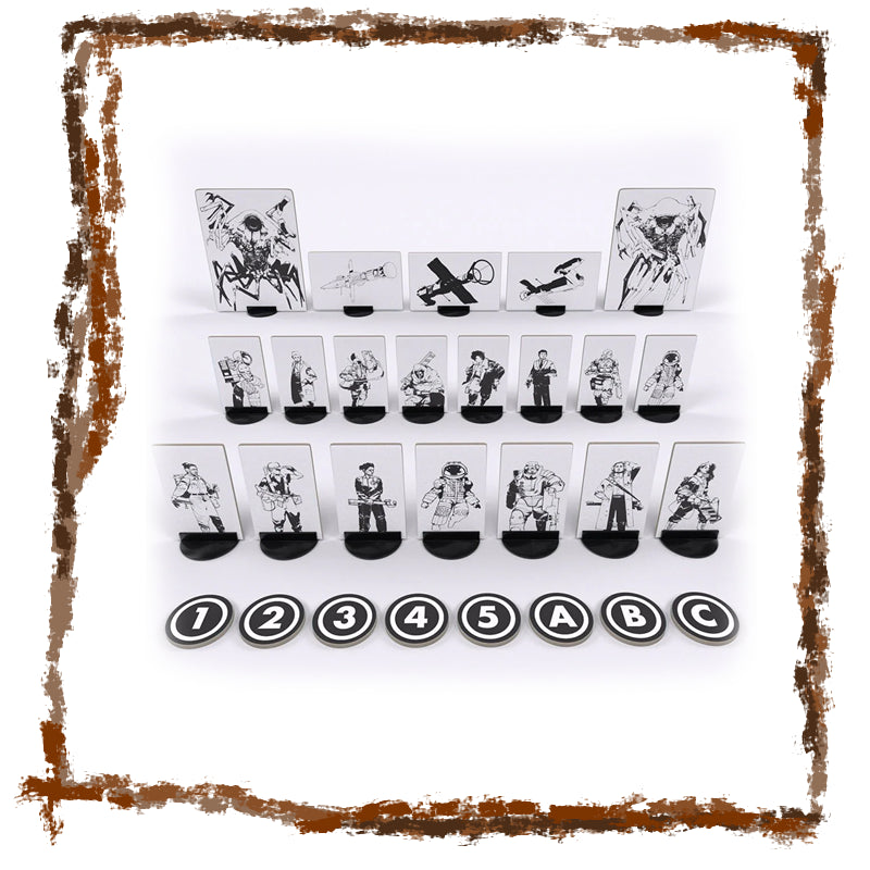 Set of black and white illustrated 2d mini figures with various designs on a white background.