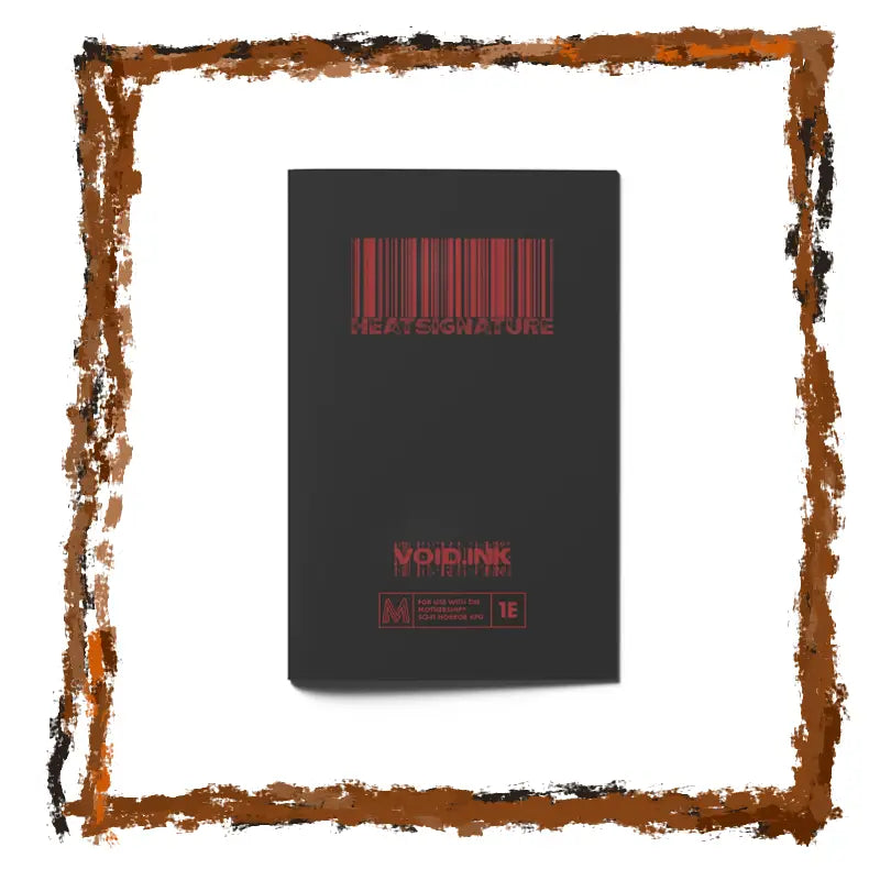 Black notebook with red text and barcodes on a white background