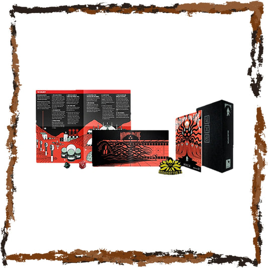 A tabletop gaming set displayed on a white background with a distressed brown border. The set includes a black and red rulebook, a black and red box, a black and red flat game board, a small yellow and black miniature, and several red and black dice.