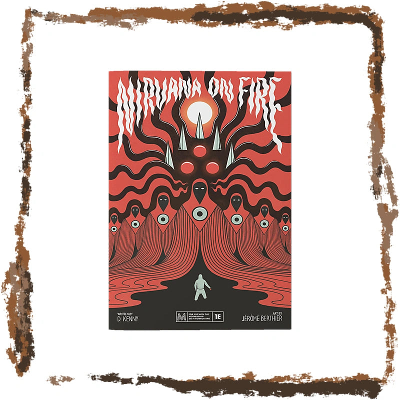 A square graphic print featuring the album cover art for Nirvana on Fire, centered on a white background with a distressed brown border. The artwork is dominated by red and black wavy patterns, white text reading 'NIRVANA ON FIRE,' and stylized faces with eyes.