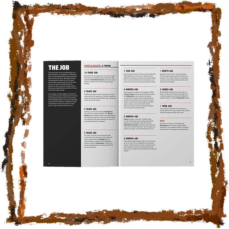 An open booklet or brochure spread laid flat on a white background, showing printed text sections including 'THE JOB' and age-related job duration headings. The booklet is centered within a large rusted metal circular frame against a white backdrop.