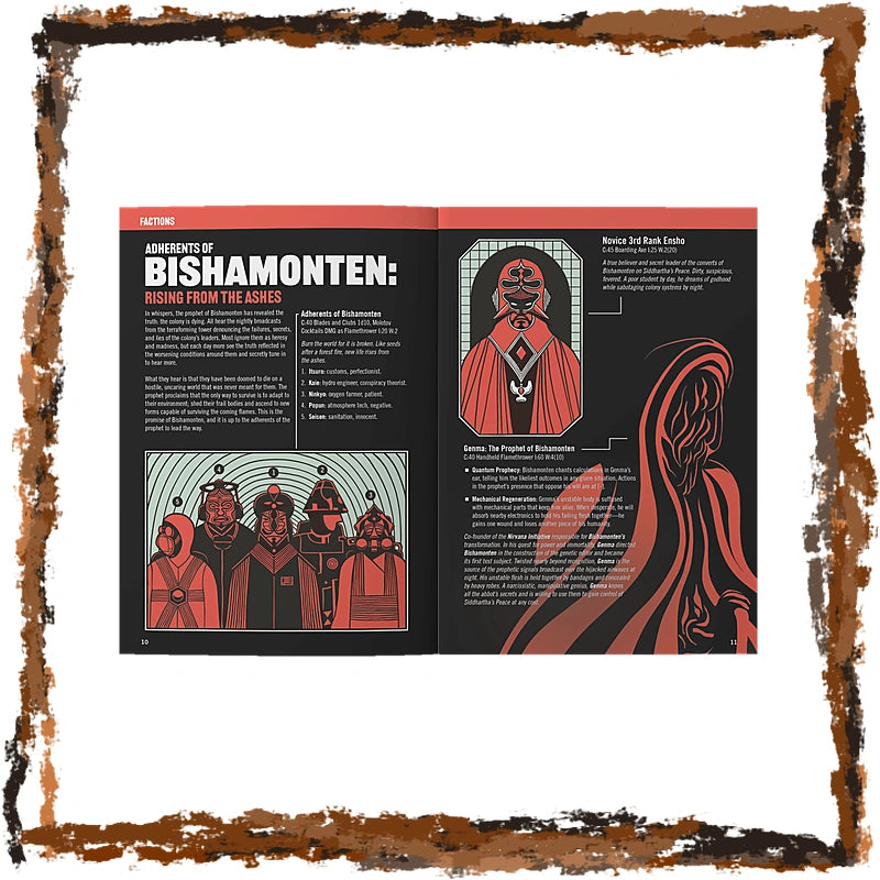 An open magazine or book spread showing illustrated pages about Bishamonten from Star Wars, with red, black, and white graphics and text. The pages are centered on a white background with a distressed brown border around the edges.