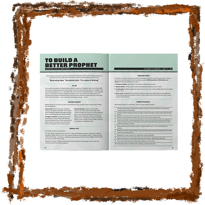 An open booklet or magazine spread with printed text, shown against a white background and framed by a distressed brown border. The left page has a pale green header reading 'TO BUILD A BETTER PROPHET' and the right page contains article text and a small sidebar.
