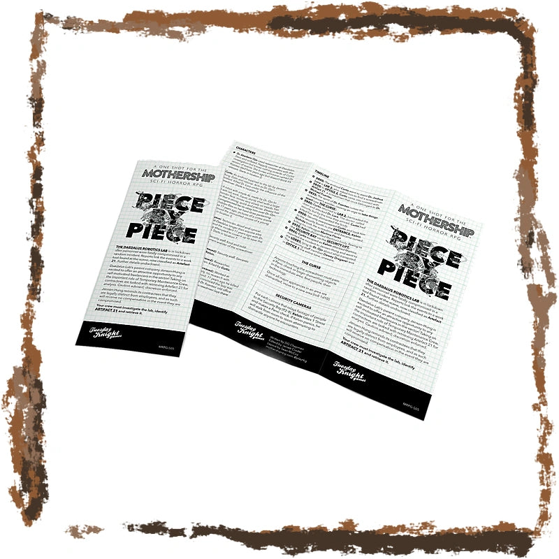 A three-panel printed booklet or brochure titled "MOTHERSHIP PIECE & PIECE" shown on a white background with a distressed brown border around the edges.