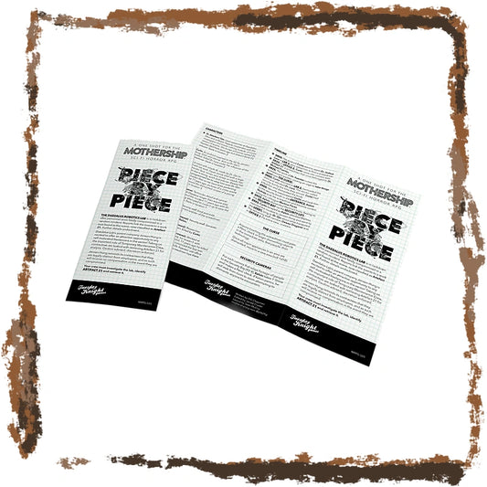 A three-panel printed booklet or brochure titled "MOTHERSHIP PIECE & PIECE" shown on a white background with a distressed brown border around the edges.