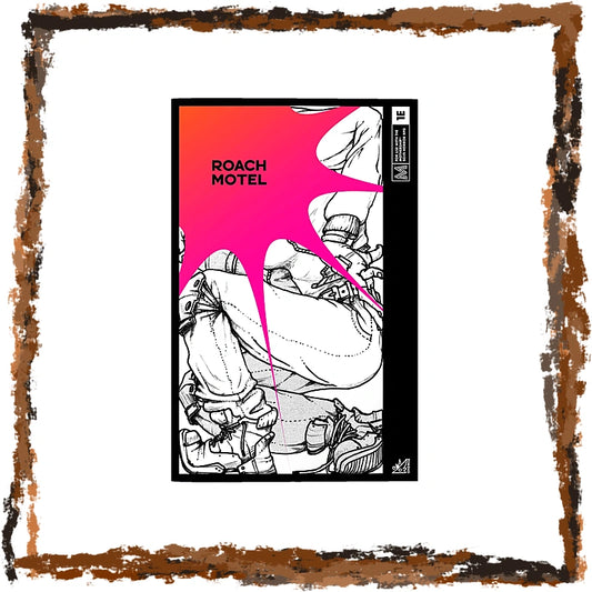 A comic book or graphic novel cover titled 'ROACH MOTEL' shown centered on a white background with a distressed brown border. The cover features black-and-white illustrated figures and a large hot pink abstract shape.