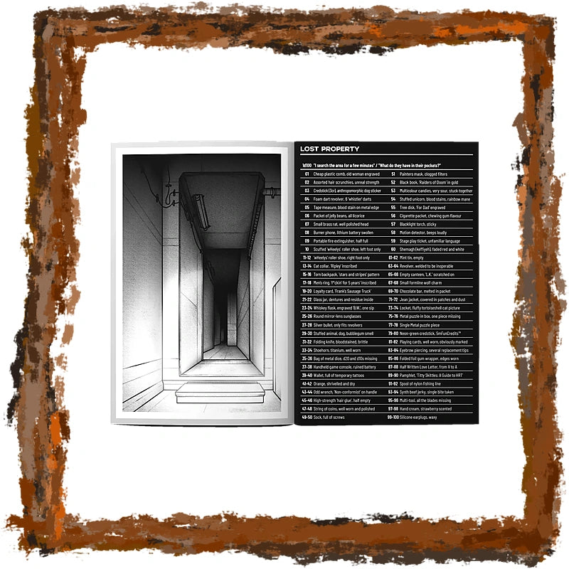 A square art print or poster featuring a black-and-white illustration of a long hallway on the left and a black text panel titled 'LOST PROPERTIES' with a list of addresses on the right, surrounded by a distressed rust-colored border on a white background.