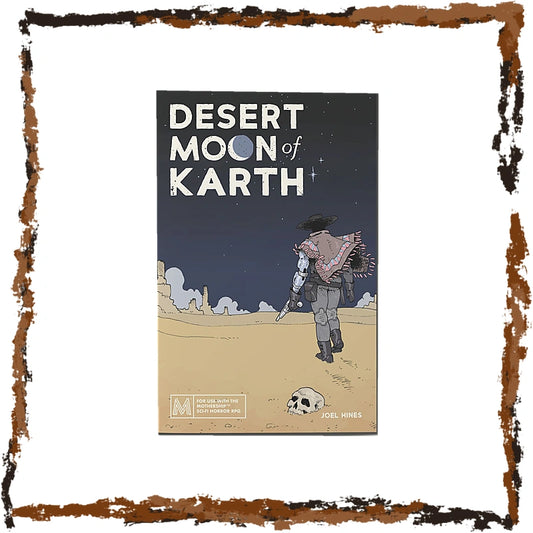 The front cover of'Desert Moon of Karth' by Joel Mines, featuring a dark night sky and a desert landscape with a figure walking toward the horizon. The comic is centered on a white background with a rustic, distressed brown border.