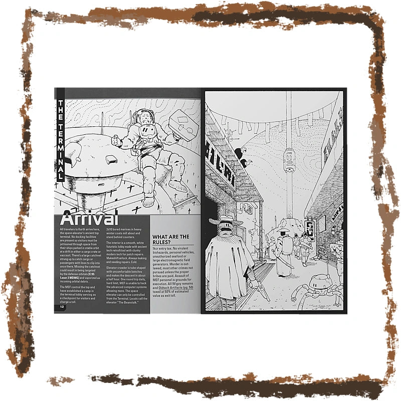 An open book or magazine spread showing two black-and-white illustrated pages with the title 'Arrival' and text about the film. The pages are centered on a white background with a distressed brown border around the edges.