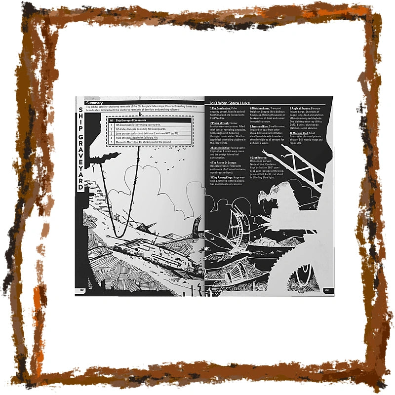 An open book or booklet spread showing black-and-white illustrated pages with text, centered on a white background and framed by a distressed brown border.