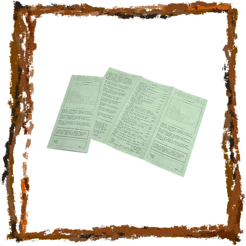 A set of three light green printed cards or inserts with embossed text, arranged overlapping on a white background and framed by a distressed brown border.