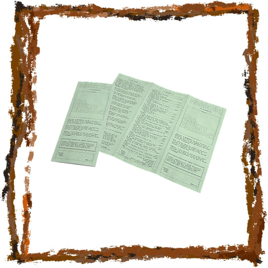 A set of three light green printed cards or inserts with embossed text, arranged overlapping on a white background and framed by a distressed brown border.