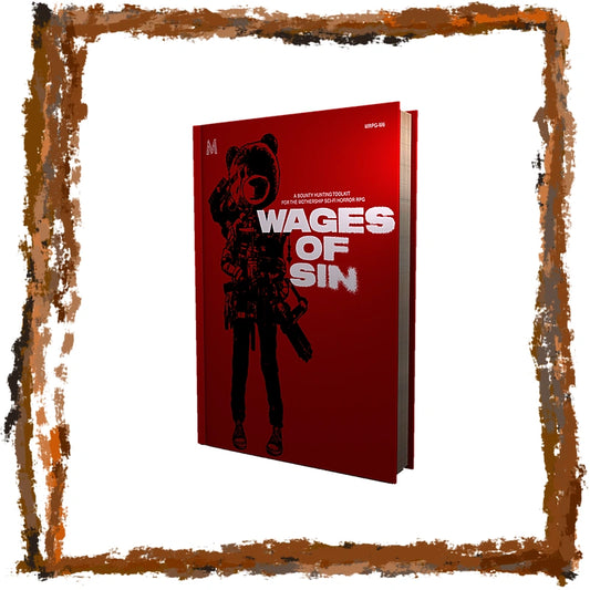 A 3D book mockup of 'Wages of Sin' by Jonathan Nolan and Robert Zemeckis, featuring a red cover with a black silhouette of a character and white title text, set against a white background with a distressed brown frame.