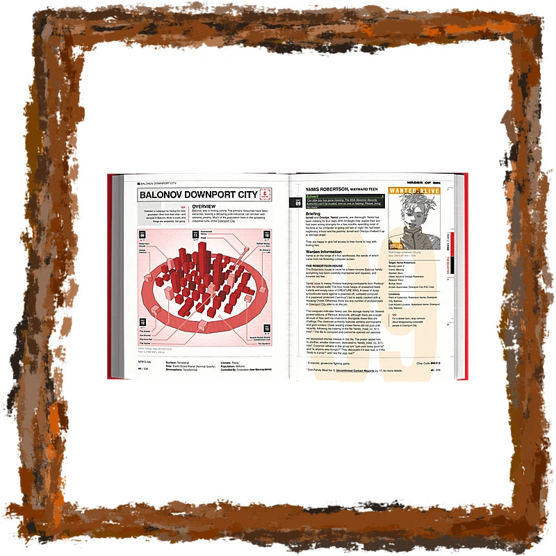 An open book or magazine spread showing two pages with text and a red circular city map illustration. The pages are centered on a white background, surrounded by a rough brown textured border.