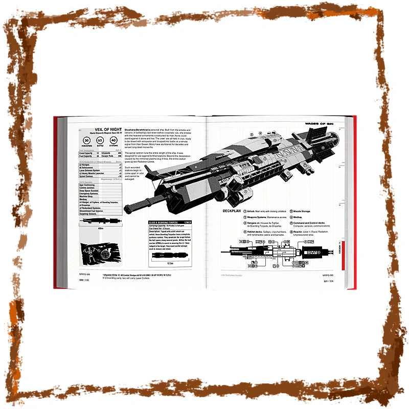 An open reference book or manual showing a black-and-white technical schematic of a sci-fi blaster or weapon, with labeled parts, specifications, and diagrams on both pages, set against a white background with a distressed brown border.