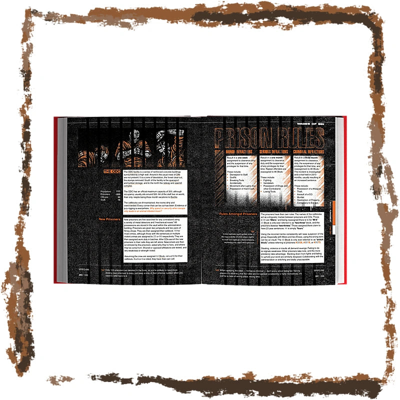An open book or booklet spread showing printed content with the title 'PRISON RULES' at the top, photographed against a white background with a distressed brown border around the edges.