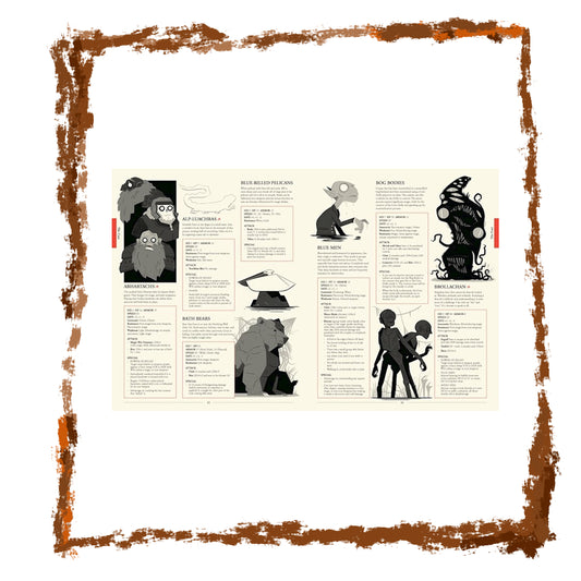 Illustrated book page with character designs and text; framed with a brown border.