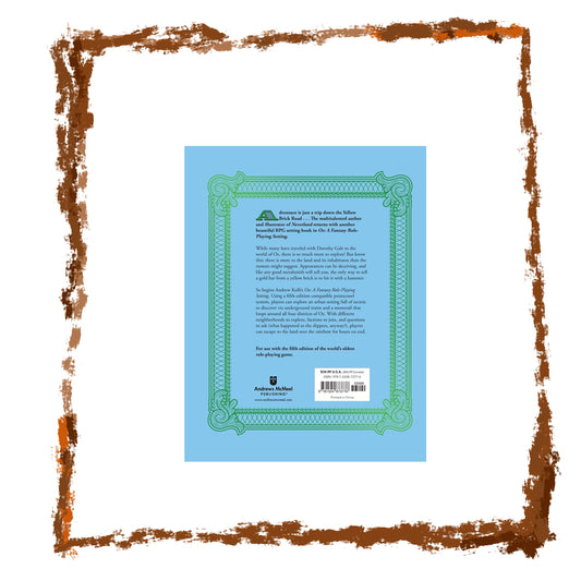 Back cover of a book with decorative text and a brown border