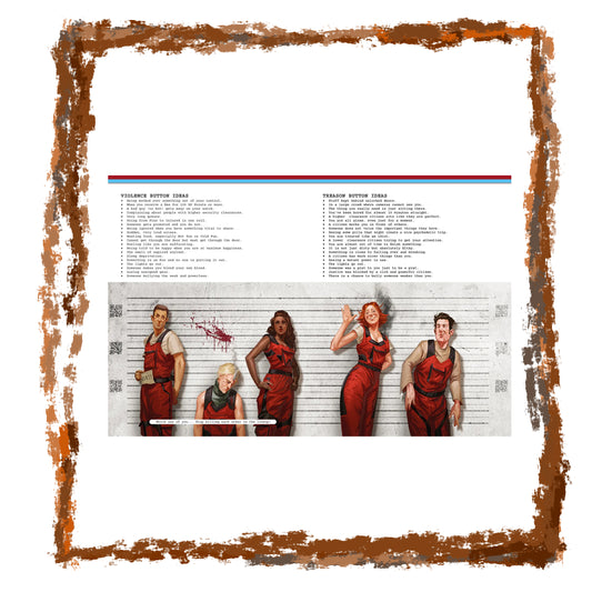 Magazine page with illustrations of people in red jumpsuits against a white wall.