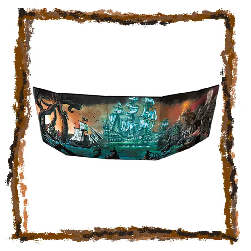 Decorative GM screen with fantasy design featuring a castle and ship on a white background.