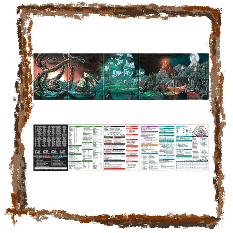 Fantasy-themed GM screen with illustrations of a ship, octopus, and other elements, framed with a decorative border.